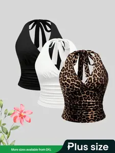 Fashion Elegant Solid Color Leopard Print Halter Neck Women's Tank Top Set, Summer Casual Stylish Fitted Sleeveless Knit, Lady