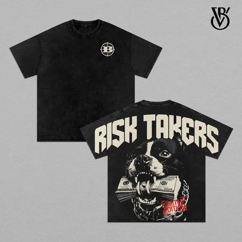 Risk Takers Graphic Tee – Vintage Washed Oversize Streetwear T-Shirt, Dog Money Print Hip Hop Rap Inspired Top, Heavyweight Cotton Urban Outfit Limited Edition