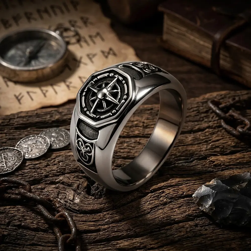 GTHIC Vintage Stainless Steel Ring with Celtic Knot & Compass Motifs Classic Norse Unisex Band Jewelry Daily Streetwear & Outdoor Travel Outfits