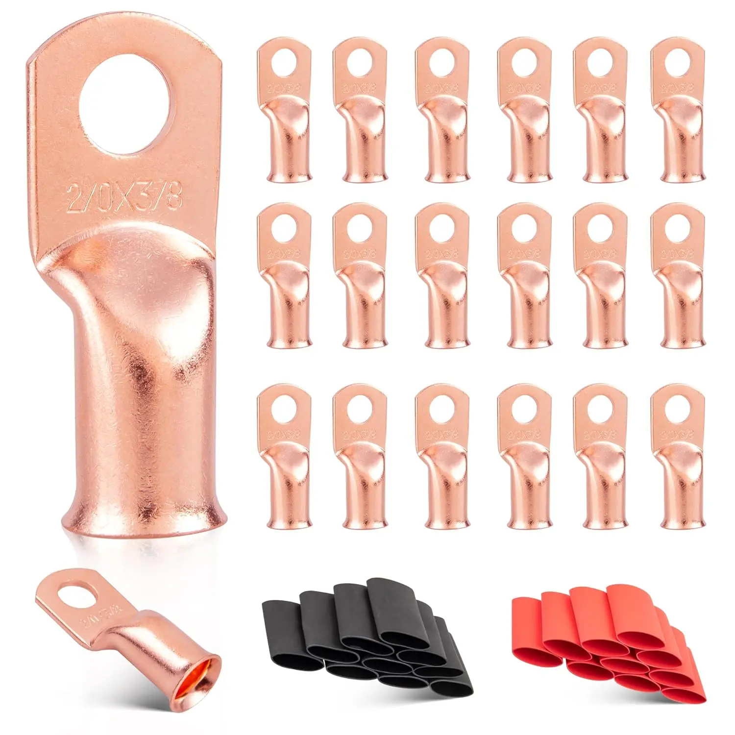 2/0 AWG Copper Battery Cable Lugs Kit – 20 PCS 5/16" M8 Ring Terminals with Red & Black Heat Shrink Tubing for Marine, Solar, RV & Automotive Wiring
