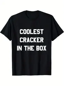 Men's Black Graphic T-Shirt - Bold "Coolest Cracker In The Box" Print Crew Neck Tee, Classic Loose Fit Cotton Shirt for Everyday & Formal Wear, Machine Washable All-Season Top