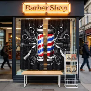 2D flat print, 2-pack, barber shop spinning cylinder pattern, digital printed curtains, rod pocket design (rod not included), privacy protection curtains, ideal for barber shop decoration, Window Curtain