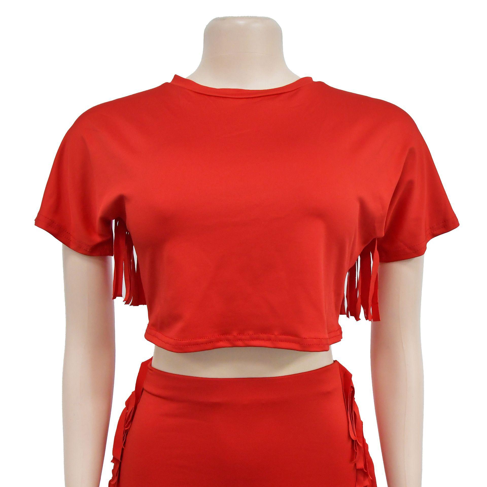FashionableStyle Solid Color Fringe Round Neck Short Sleeve Long Dress Two-Piece Set