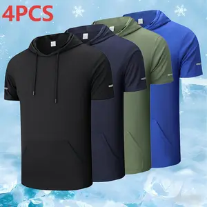 Men’s 4-Pack Colorblock Hooded Quick-Dry Breathable Casual Versatile Short-Sleeve T-Shirts — Streetwear Style for Daily Commuting, Fitness, Running, and Sports Training