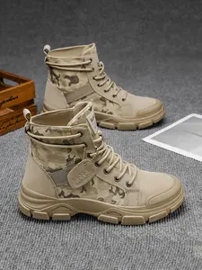 Men's Camo Tactical Boots, Lightweight Hiking Boots, Fashion Casual Style, Solid Lace-Up Short Boot, Hiking & Daily Wear, Spring/autumn Use, Round Toe Design