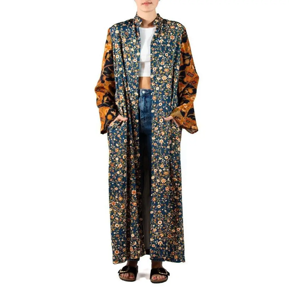 Morphew Collection Navy Blue Floral Japanese Kimono Silk Duster