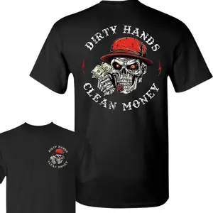 💀 🔥 Dirty Hands Clean Money Skull Graphic T-Shirt, Vintage Workwear Style Cotton Tee, Mechanic Biker Streetwear Shirt, Casual Short Sleeve Crew Neck Top, Rugged Fashion for Men, Comfortable Everyday Wear, Perfect Gift for Hard Workers