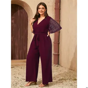 Wide Dot Plus Clasi tiktok Swiss Butterfly Sleeve Leg Belted Jumpsuit