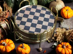 4" Cork Fabric Coaster with brass rim. Coaster holder included. Set of 4.