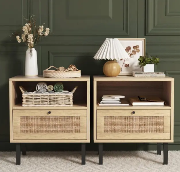 Bohemian 2-Piece Nightstand Set for Bedroom & Kid Room, Rectangular MDF Frame Bedside Table with Metal Legs, Open Shelf, 1 Door & Hidden Space, Natural Wood Accent End Table with Assembly Guide for Easy Install