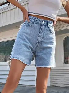 VYNCE Mom Fit Denim Shorts Solid Raw Hem Summer Style