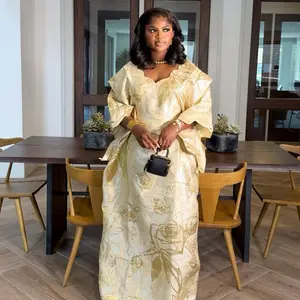 Arwa Brocade Dress for Women - Elegant Gold Floral Design with Ruffled Sleeves and Classic Cut