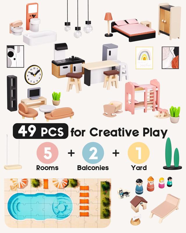 BIERUM Large Modern Wooden Dollhouse with 49Pcs Furniture, Dolls & Pets，DIY Puzzle Pool & Yard, Ideal Gift for Boys & Girls 3+