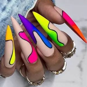 10 Pieces Extra Long Stiletto Handmade Press On Nails with Fun Neon French Tips XXL Size for Bold Dramatic Look - Set, Manicure