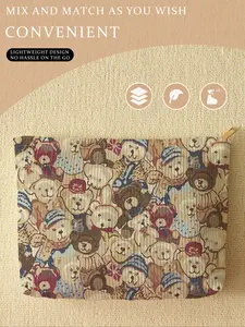 Cute Bear Pattern Corduroy Makeup Bag, Lightweight Multi-functional Fashion Leisure Makeup Bag, Travel Makeup Bag, Cosmetic Pouch, Suitable for Leisure Travel and Various Occasions