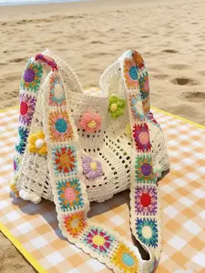 Handmade Crochet Granny Square Tote Bag, Colorful 3D Floral Knit Embellished Shoulder Bag, Large Capacity Hollow Out Beach Bag for Vacation & Daily Use, Boho Aesthetic Handbag for Women