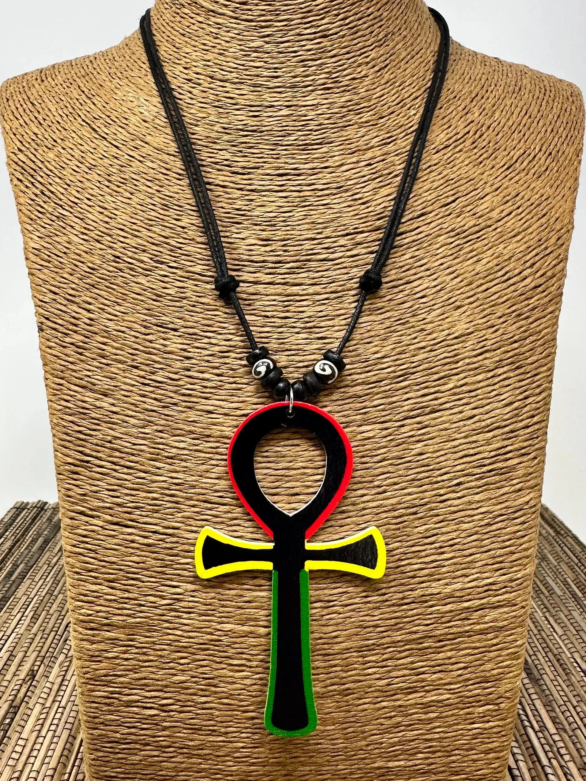 Wooden Ankh Necklace Egyptian Cross Pendant Rasta Cowry Shell Adjustable Unisex