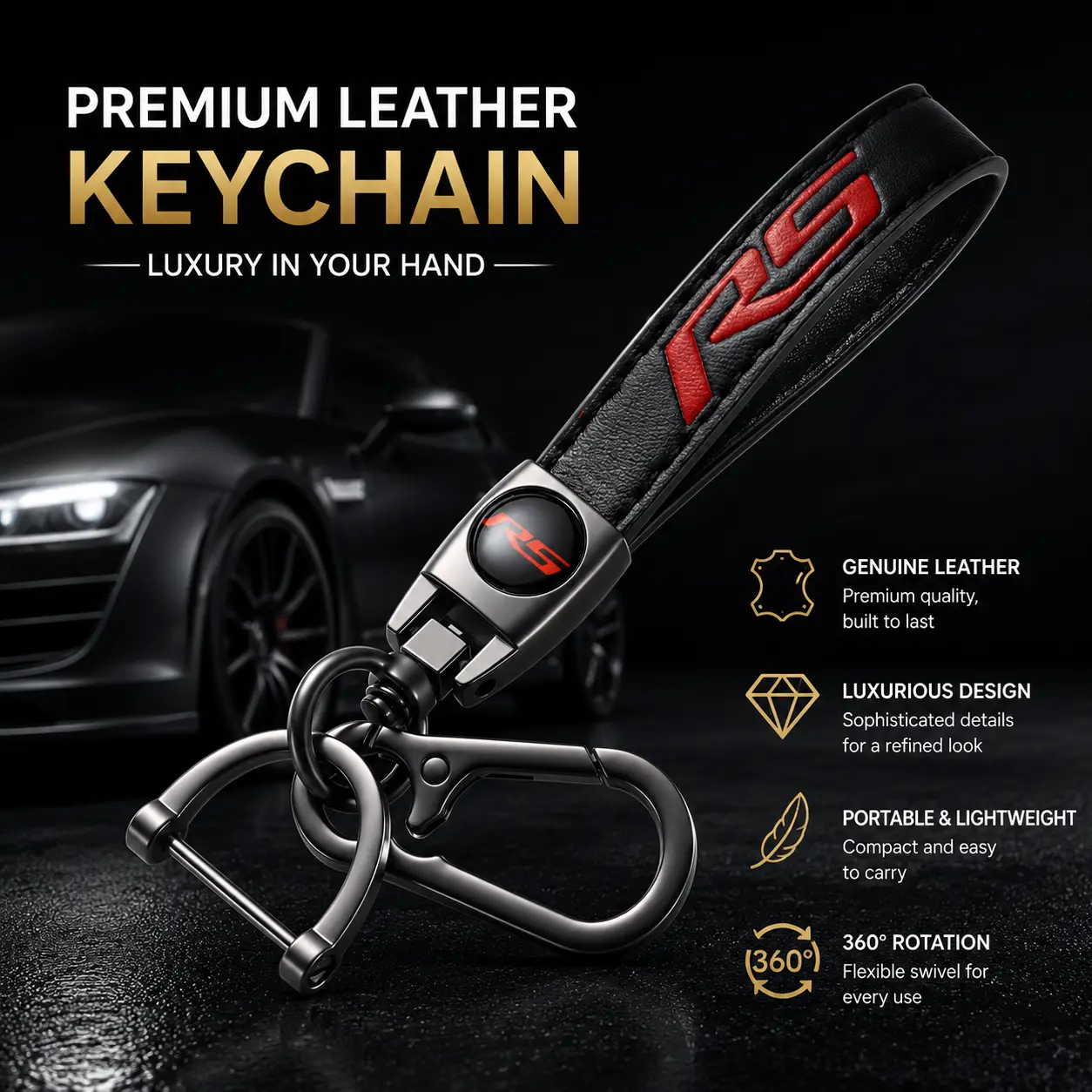 Genuine Leather Metal Keychain Key Charm for RS – Fits Audi & Ford Focus, Anti-Scratch Durable Car Key Ring & Fob Cover, Key Shell Protector, Stylish Car Accessory & Gift for Men, Ideal for Birthdays, Family, Pride, and Holiday Gifts.