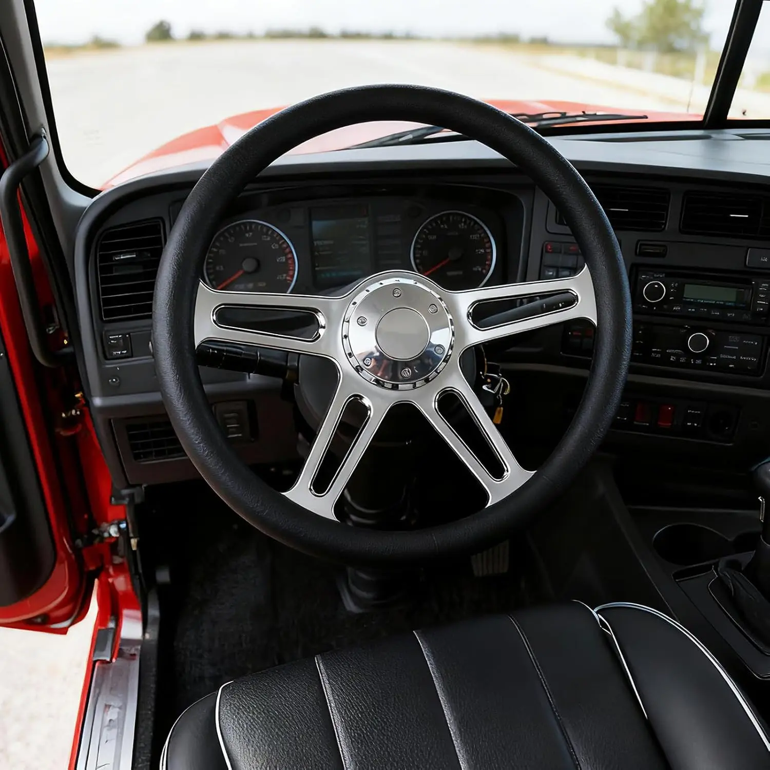 18 inches Custom Lychee Leather Truck Steering Wheel - 5-Bolt, 4-Spoke, Chrome Aluminum Alloy, 50mm Deep Dish, Glossy Lacquer Coating, Enhancing Handling, Eternal Retro Style, Fit for Kenworth, Peterbilt, Freightliner, Volvo Trucks