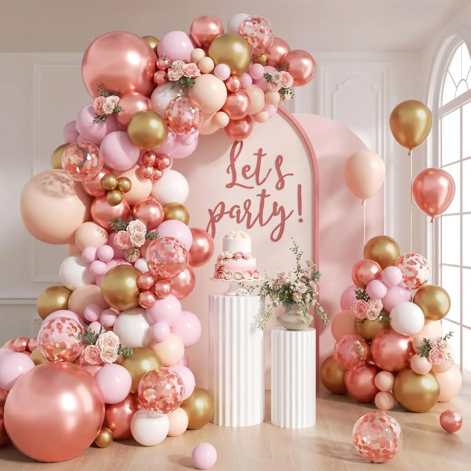 136Pcs Rose Gold Balloon Arch Kit, Pink And Gold Balloon Arch With Metallic Rose Gold Confetti Nude White Pink Balloons For Women Wedding Baby Bridal Shower Birthday Party Decorations