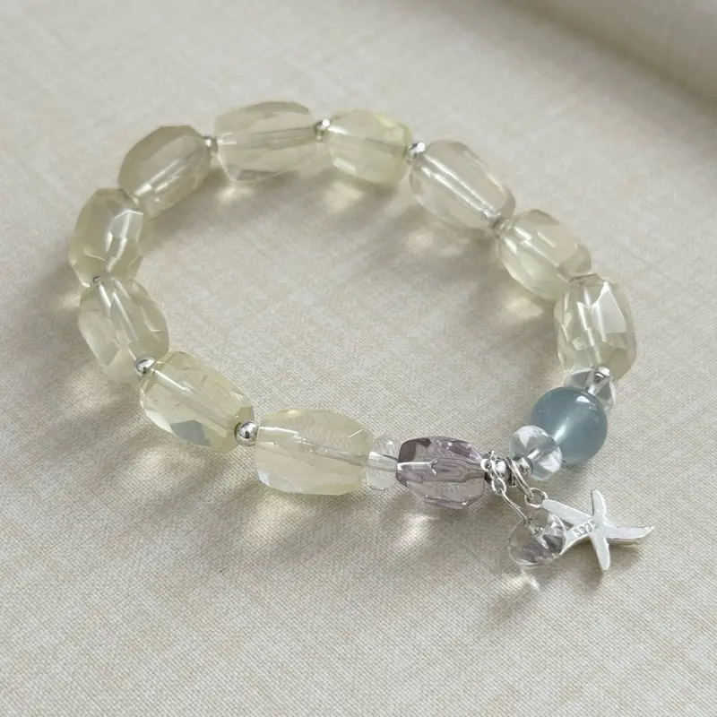 Faceted Citrine Bracelet （9mm x 14mm） with Aquamariner, Amethyst, Sterling Silver Starfish Charm. Handmade crystal bracelet.