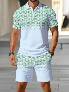 Men's Summer Casual Set, Short Sleeve Polo Shirt with Shorts, Blue Geometric Pattern, Comfortable Breathable Sporty