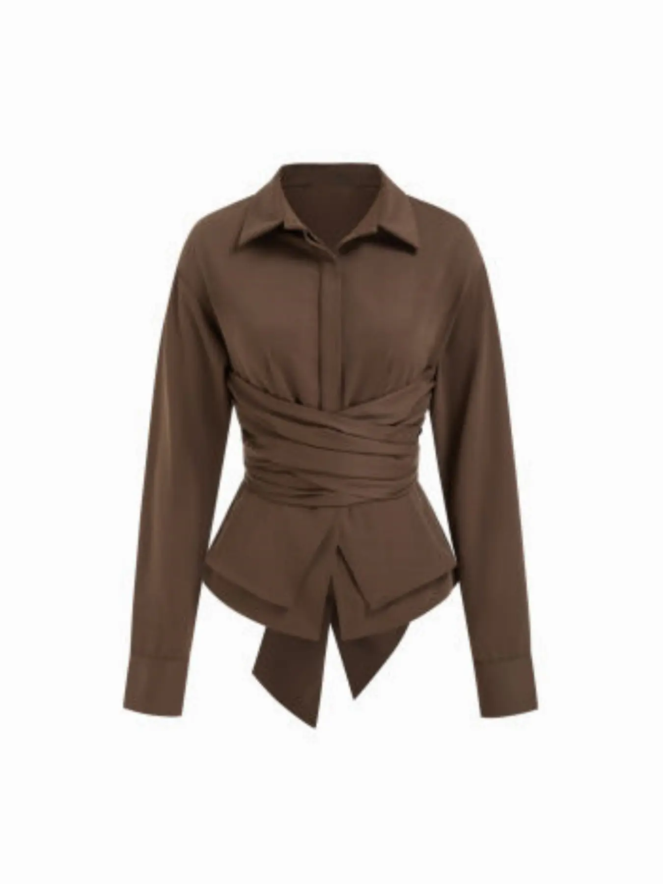 Women's Spring & Fall Slim Fit Lady Long Sleeve Belted Waist Shirt Blouse Top, Plain Pattern, Casual Fashion, Comfortable Daily Wear, Fitted, Casual Daily Tops