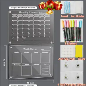Nw 2Lbs Christmas Gifts 2Pcs 16"x12" Magnetic Fridge Calendar With 8 Markers, Wall Hanging Calendars for Weekly Monthly Plan Decor acrylic magnetic Productivity Planner Office Organizer