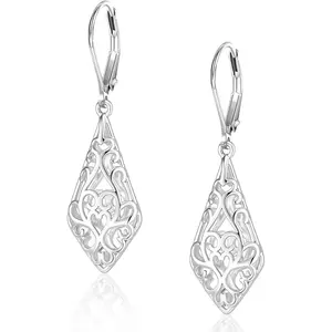 925 Silver Plating Dangle Earrings, 14K Gold Plated Geometric Filigree Leverback Earrings, Hypoallergenic Lightweight Drop Earrings for Women Studearrings