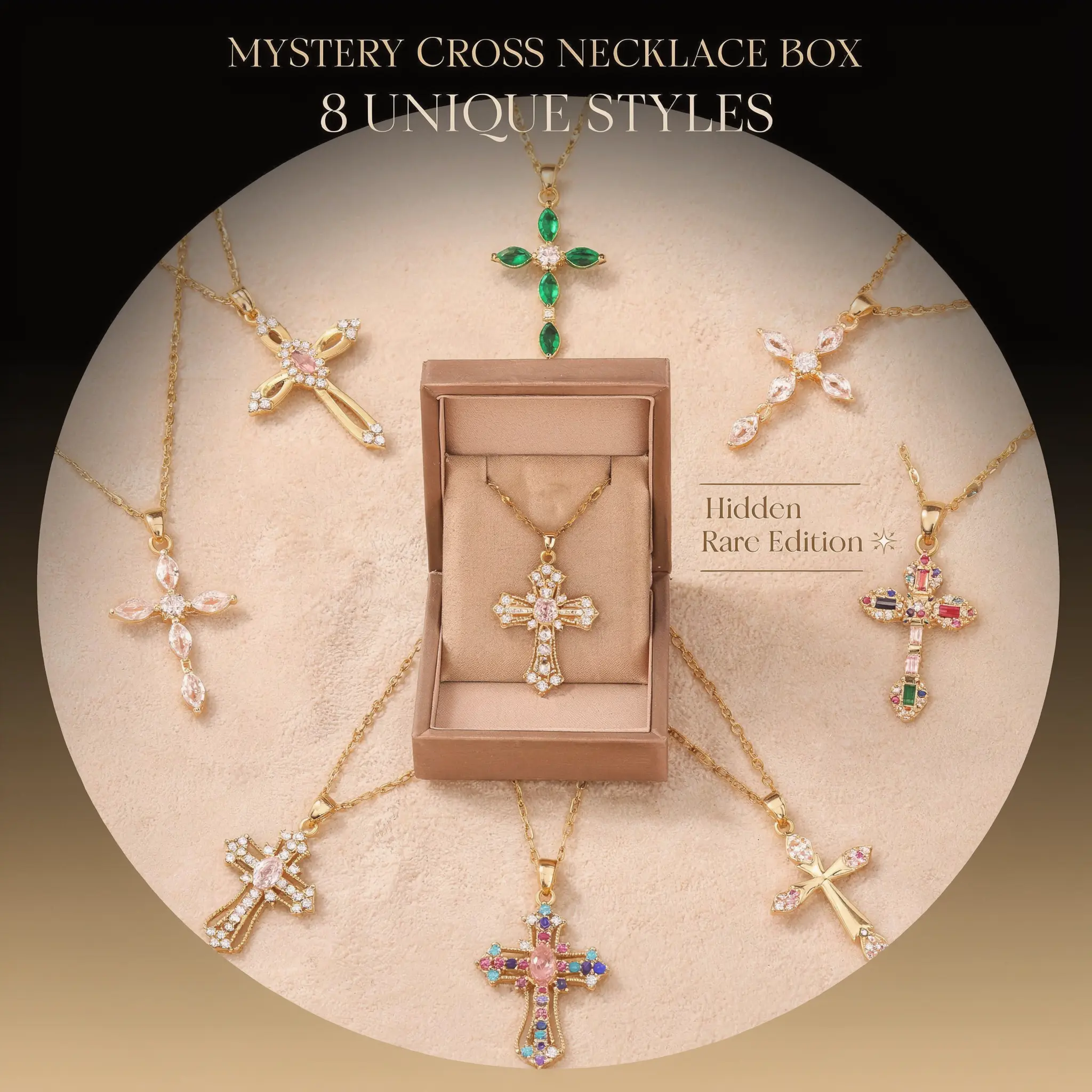 8 Styles Mystery Cross Necklace Box for Women  Random Surprise Pendant Jewelry with Hidden Rare Edition, Sparkling CZ Cross Necklace, Trendy Gift Accessories