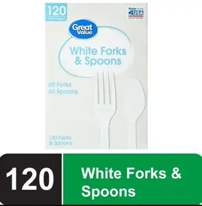 Great Value Disposable Plastic White Forks and Spoons, 120 Count includes 60F/60S