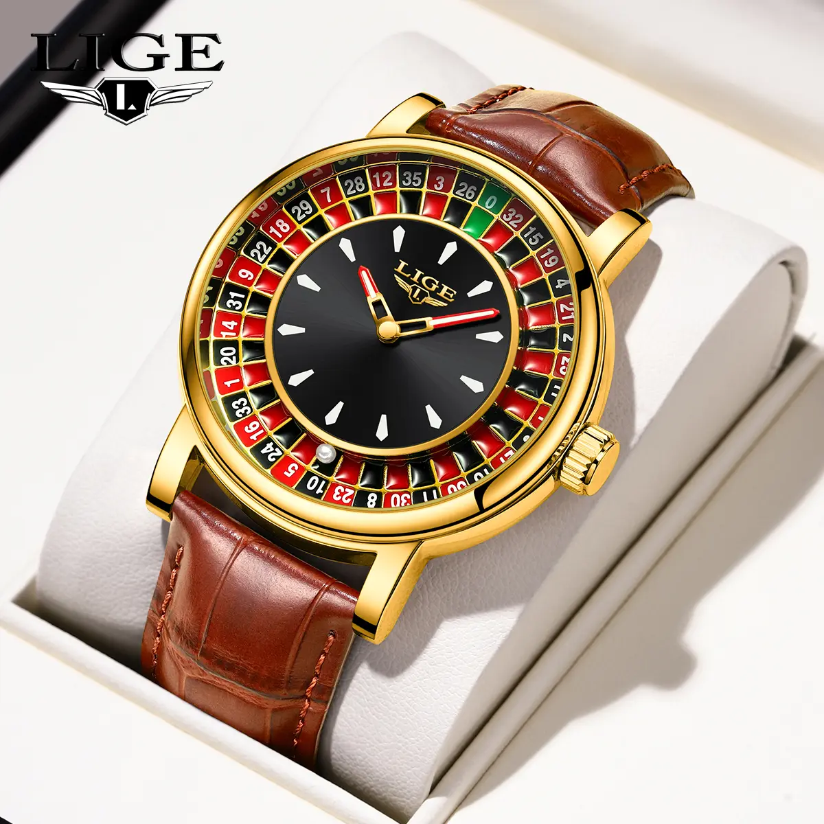 LIGE Men's Casino Roulette Themed Fashionable Quartz Analog Wristwatch - Casual Leather Strap Watch with Water-Resistant Feature, Ideal Father's Day Gift, Fashionable Wristwatch, Classic Analog Watch, Ball Bearing, Novelty
