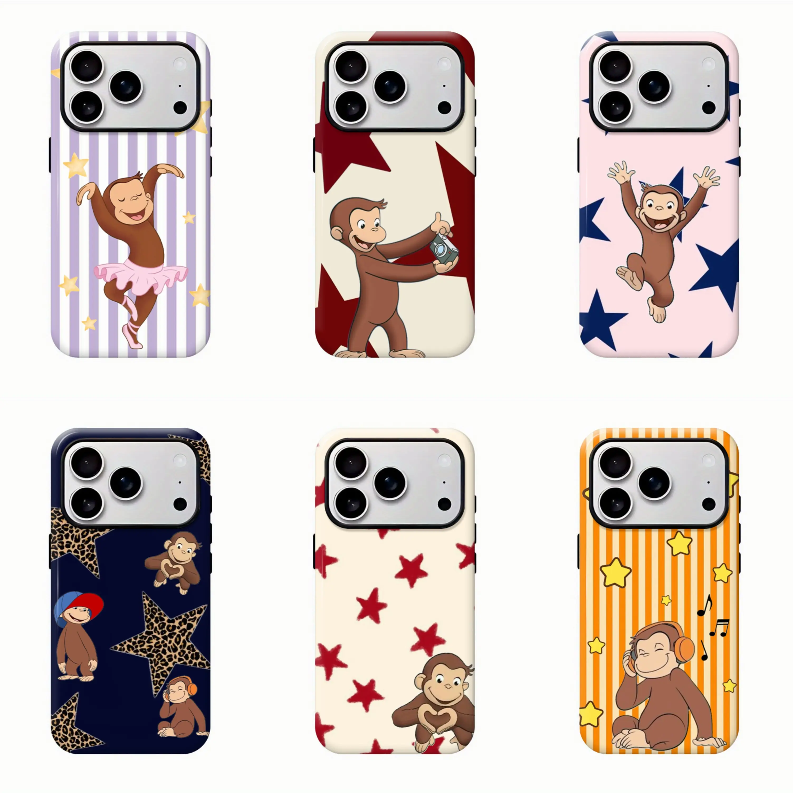 Curious George Pink Floral Phone Case | Cute Cartoon Monkey Phone Cover For iPhone 17 Pro Max 16 15 14 13 12 11 for Samsung S21 S22 S23 S24 S25 Phone Case | Curious George Heart Stripe Case Protective Rubber