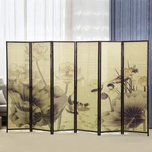 6-Panel Room Divider Wood Frame Lotus Flower Asian Style Woven Bamboo Room Divider Screen