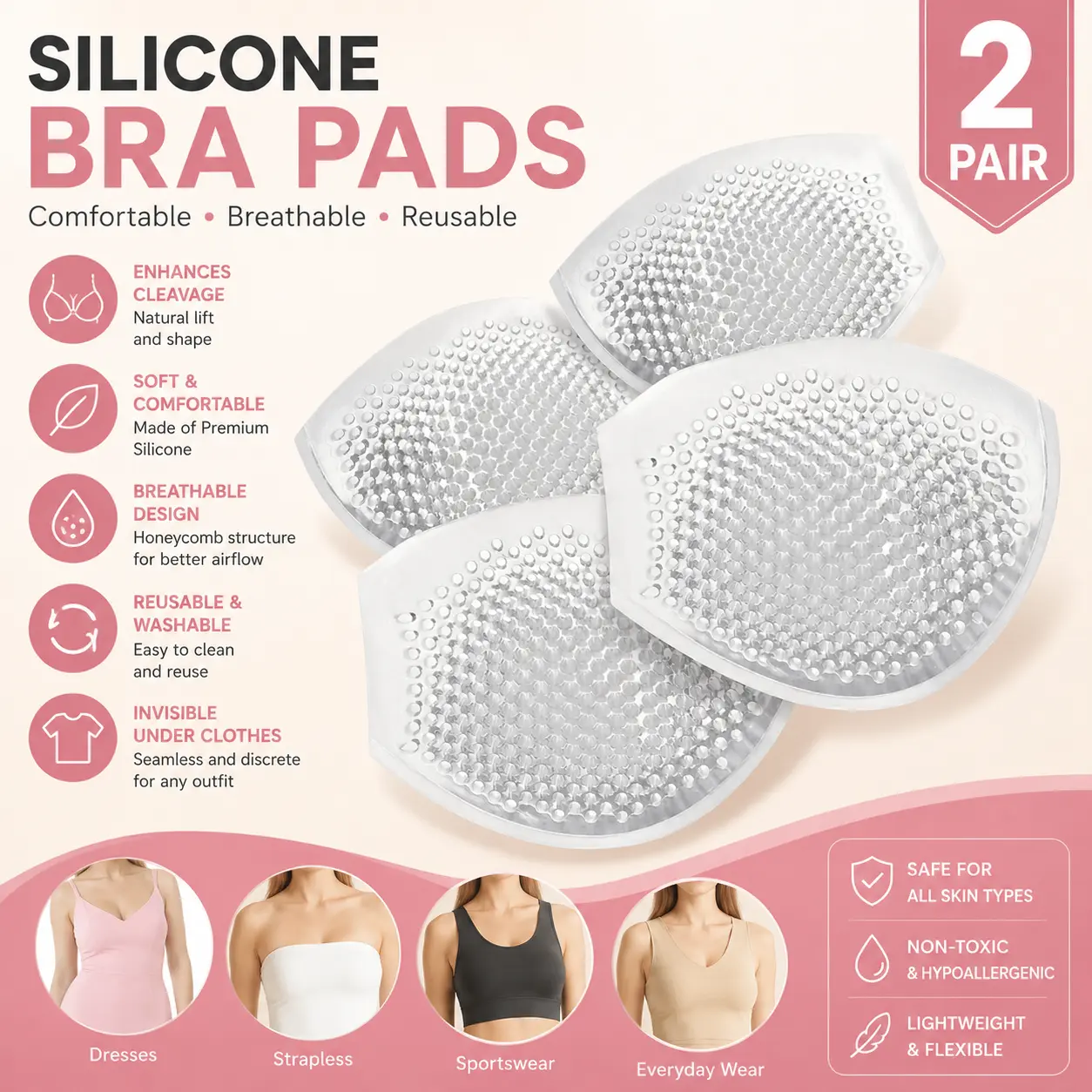 Women's Seamless Silicone Push-Up Pads - Breathable, Reusable, Shape-Enhancing for Beach, Fit, Swimming, Bottom Support, 2 Pairs