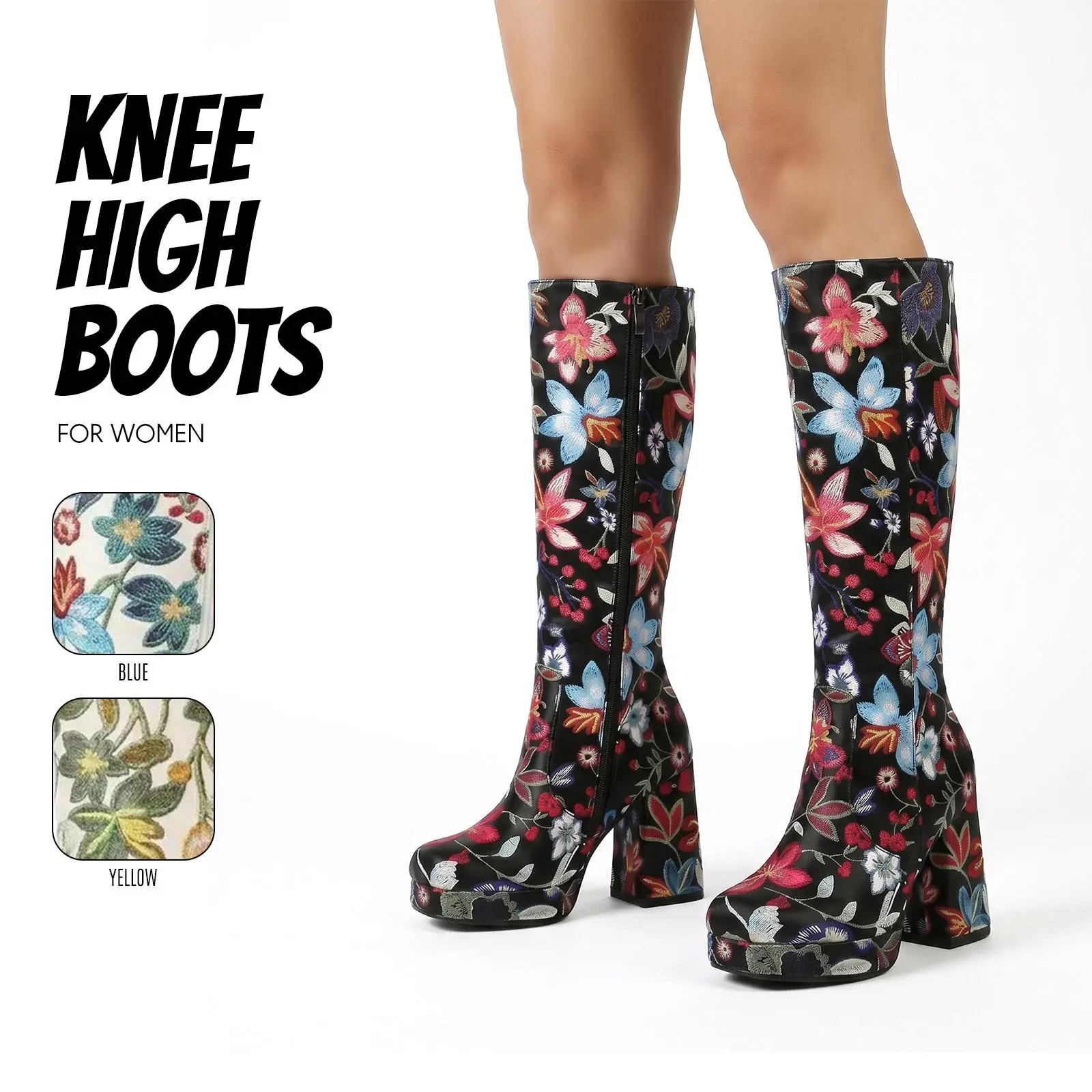 Knee High Boots For Women Floral Shoe Square Toe Chunky Block Heel Side Zipper Closure Floral Boot Easy Pull On Comfy Casual Party Wedding Indoor Outdoor Summer Trendy Tall Boots Walking Fashionable Trending Platform Boot For Girls