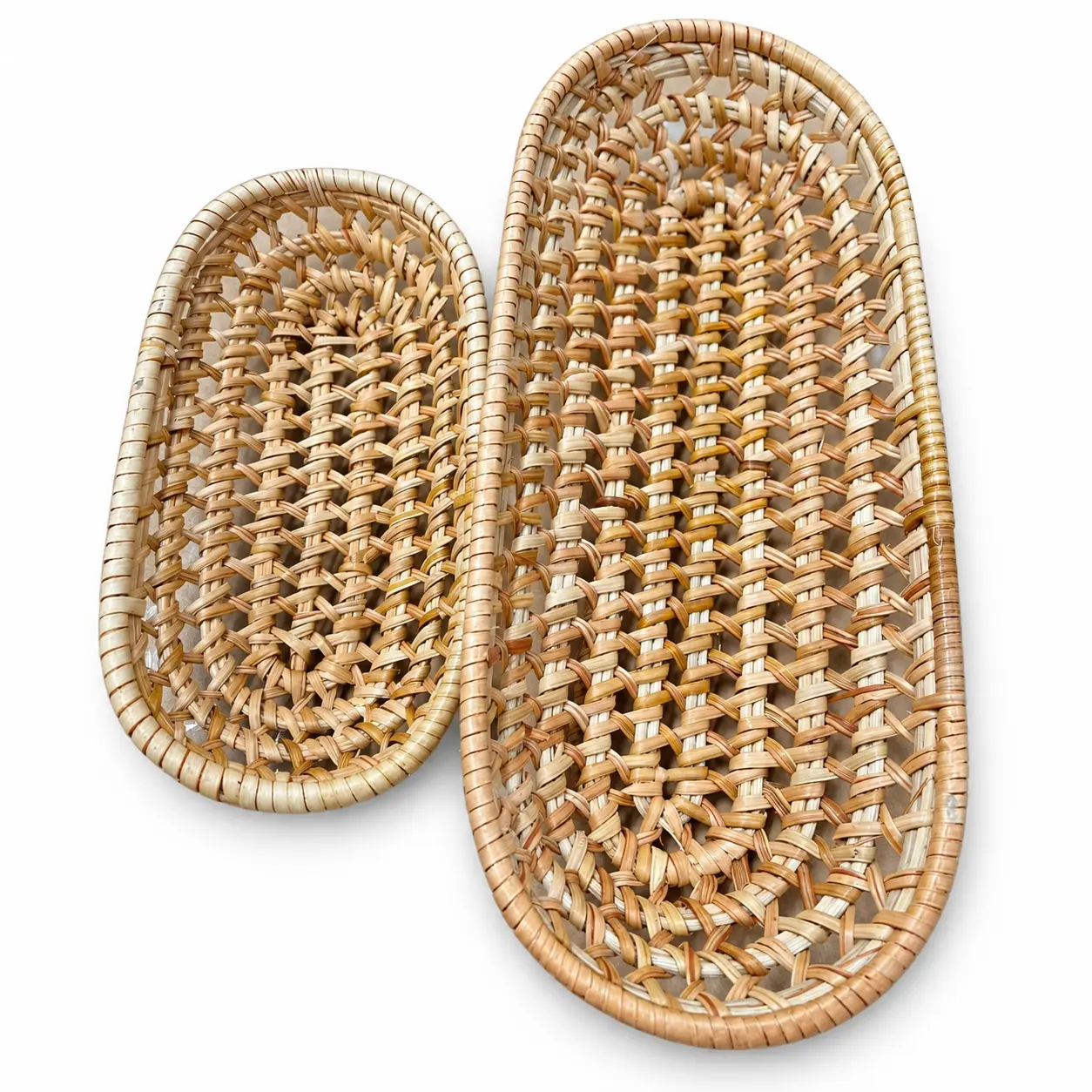 TP Plastic Woven Oblong Tray Baskets, Set of 2, Natural Color, Open-Weave Decorative Storage Trays
