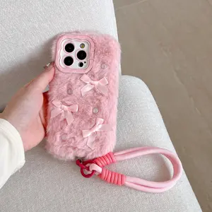 Solid Color Plush Protective Phone Case with Lanyard, Protection, Cute Bowknot Design Phone Cover, Fashion Phone Accessories Compatible with iPhone 16 15 14 13 12 11 Plus/Pro/Pro Max