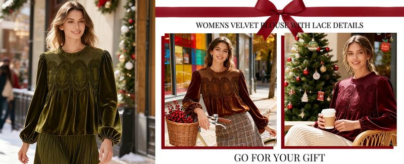 Yeokou Women's Long Sleeve Velvet Trim Lace Blouse Elegant Flared Swing Top Round Neck Casual Wear for Parties Weddings Dinners Office Dates Yeokou Women's Long Sleeve Velvet Trim Lace Blouse Elegant Flared Swing Top Round Neck Casual Wear for Parties Weddings Dinners Office Dates