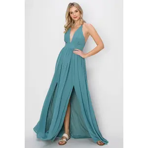 SLEEVELESS Double Strap Slit Maxi Dress D.TURQUOISE