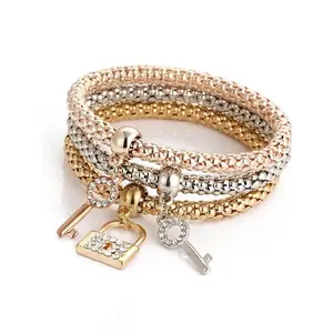 Women's Elegant Rhinestone Decor Lock & Key Charm Bracelets, 3pcs/set Trendy Exquisite Bangle Bracelets, Chic All-match Vintage Jewelry As Gift for Girlfriend, Rhinestone Decor Bangles