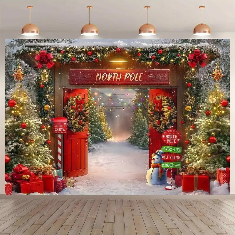 Large Polyester Cloth Patterned Christmas Backdrop Banner - 157.5x70.8in/180x400cm, North Pole Entrance Slogan, Decorated Trees, Snowman, Gift Boxes, Stereoscopic Geometric Rectangle, Twinkling Lights, for Cozy Room Decor, Festive Parties