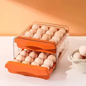 Egg Container Rack, Refrigerator Divider, 32 Eggs, 2 Layer Transparent Stackable Tray with Drawer, Handle Storage Container, Countertop, Stackable Refrigerator Organizer, Refrigerator Accessories