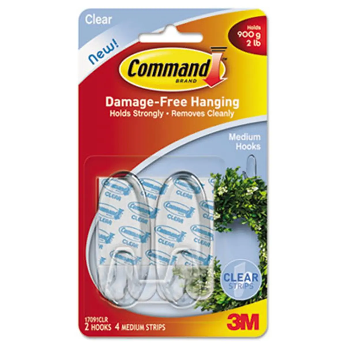 Command 17091CLR Clear Hooks and Strips Plastic Medium 2 Hooks with 4 Adhesive Strips per Pack