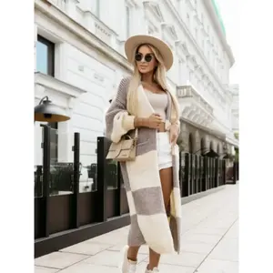 Women's Casual Knit Cardigan, Long Sweater Coat, Colorblock Design, Pocket Detail, Buttonless, Perfect for Fall & Winter