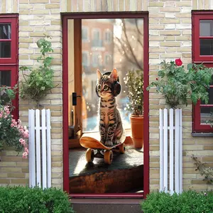 2pcs Cute Cat with Headphones Skateboard Wall Sticker Removable Self Adhesive Cartoon Animal Decal for Kids Room Bedroom Living Room Home Decor Art Mural Vinyl Decoration Supplies
