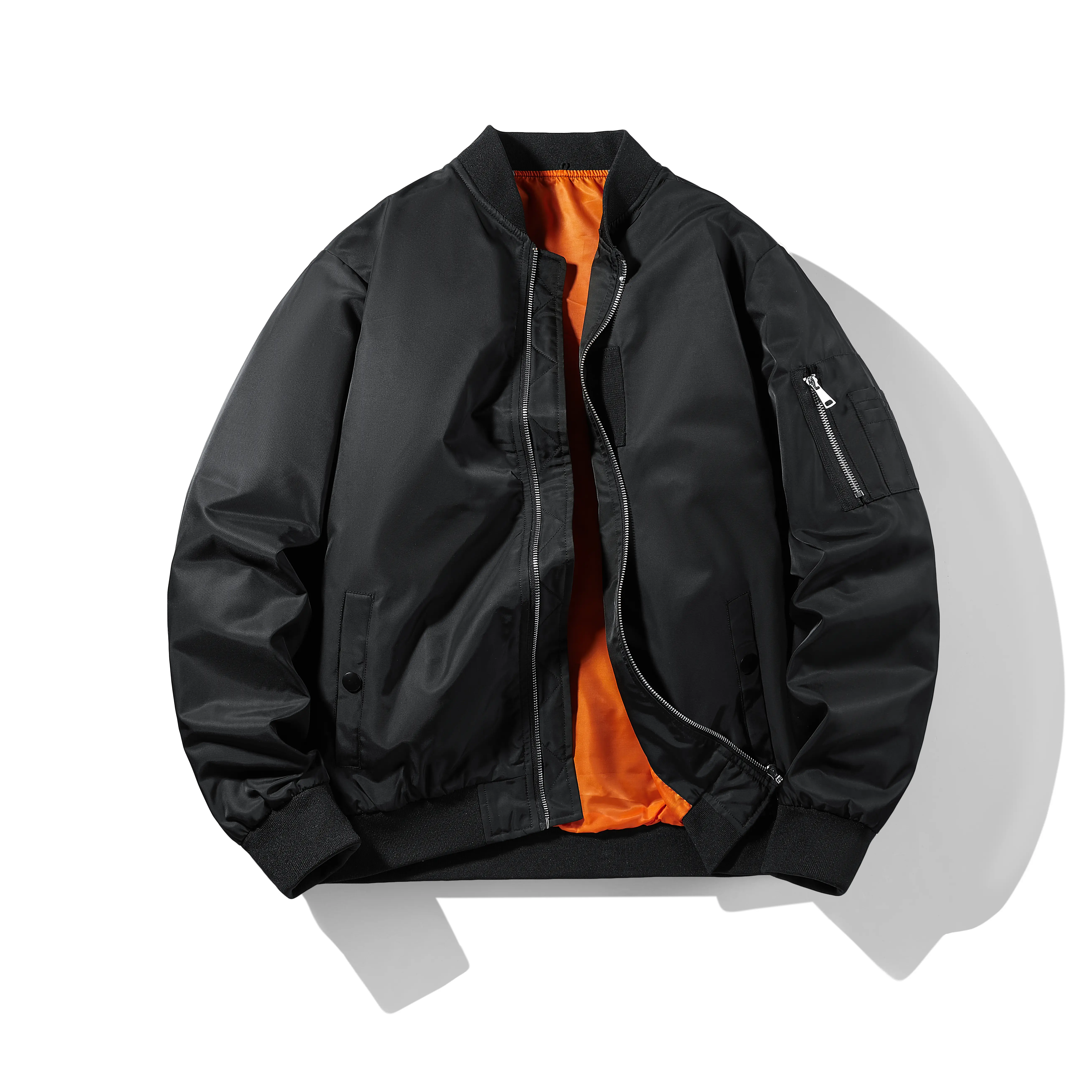 Men's Stylish MA-1 Bomber Jacket - Classic Retro Military Flight Outerwear, Sporty Zipper-Up Baseball Collar Coat with Orange Contrast Liner, Arm Pocket for Casual Streetwear Menswear