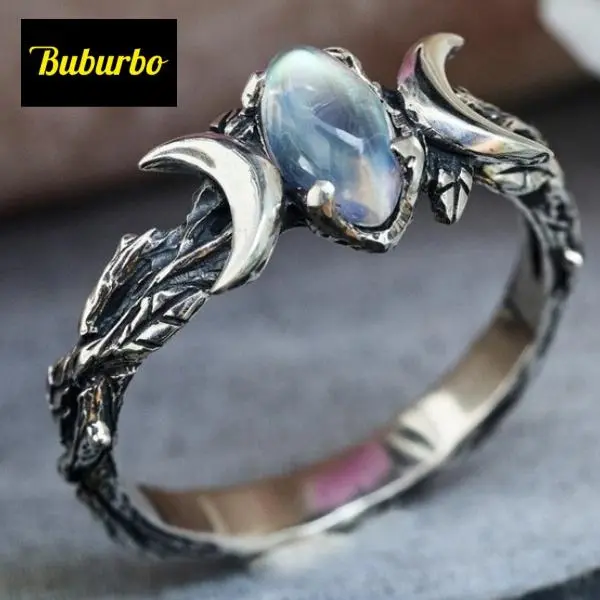 Buburbo  Vintage Women Bohemian Triple Moon Phase Ring Natural Moonstone Moon Ring Engagement Party Wedding Jewelry Rings Anillos Statement Rings Bridal Rings