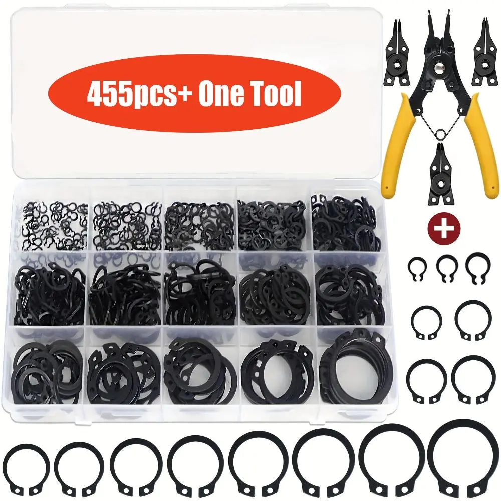 C Type Circlip Retaining Ring Shaft Stopper Combination Set, 15 Sizes Of Retaining Rings & Lock Ring Pliers, Snap Ring Pliers, Circlip Pliers Tools, Widely Used in Metallurgy Building Materials Multi-scenario, Circlip Pliers Kit