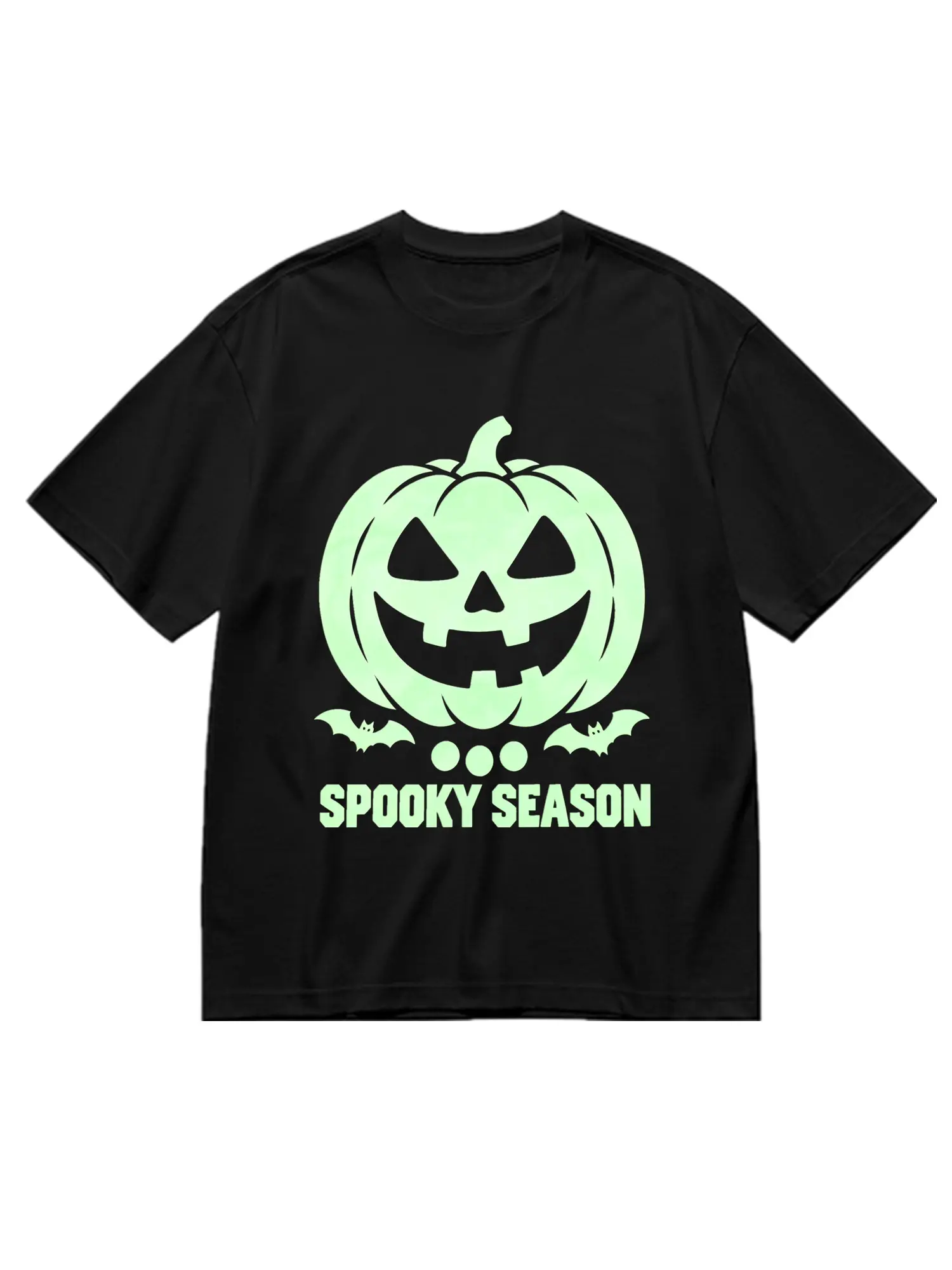 Unisex 5.3oz Black 100% Cotton Classic Shortsleeve T-Shirt - Glow-In-The-Dark/Metallic Silver Foil/Gold Foil Pumpkin Bat Graphic, Spooky Fall Slogan, Hem Detail, Halloween Streetwear Apparel for Men Women, Breathable, Fabric, Menswear, Tshirt, Soft